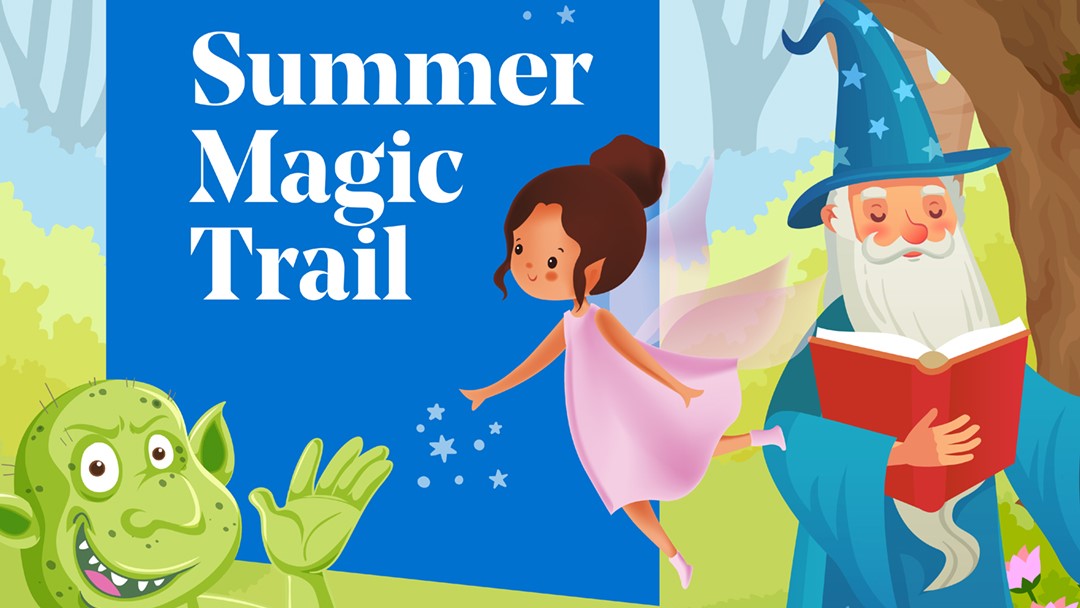 Summer Magic Trail.  Image of a fairy, ogre, and a wizard reading a book.