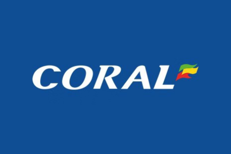 Logo for CORAL with white text on a blue background and a green, yellow and red flag to the right.