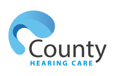 Logo for County Hearing Care in black and light blue, with a light blue curve shaped like an ear.