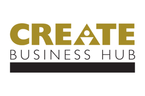 Logo for CREATE BUSINESS HUB with gold and black text and a large black underline.  The 'A' in CREATE has a white circle and a triangle in the centre.