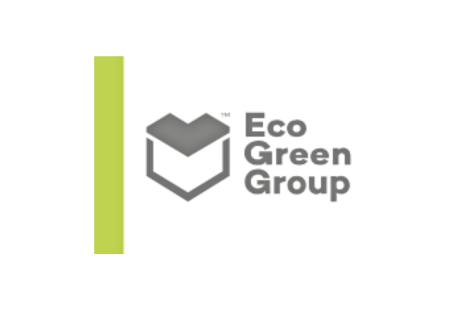 Logo for Eco Green Group in grey with a lime green vertical line to the left side. There is a house-shaped grey icon in the centre.