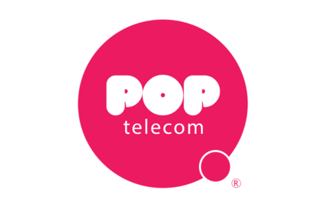 Logo for POP telecom with white bubble text inside a pink circle, with a smaller pink circle to the bottom right and an (R) symbol.