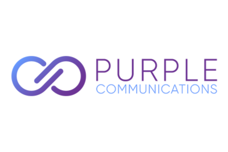 Logo for PURPLE COMMUNICATIONS with purple and light blue text and a link icon to the left of the wording.