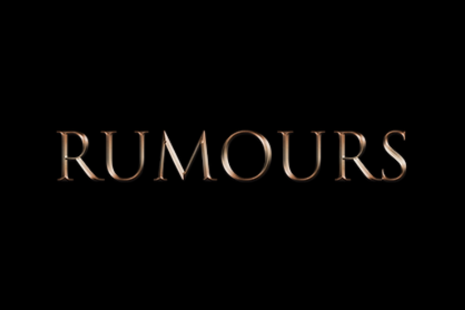 Logo for RUMOURS with gold text on a black background.