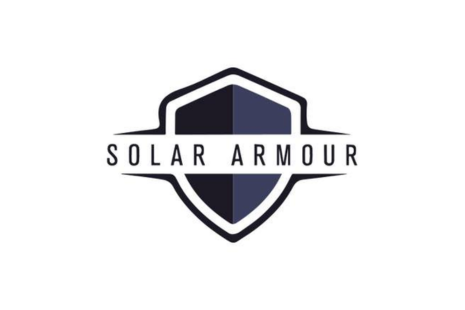 Logo for SOLAR ARMOUR in grey and black on a white background. The words SOLAR ARMOUR are printed across a black and grey shield.