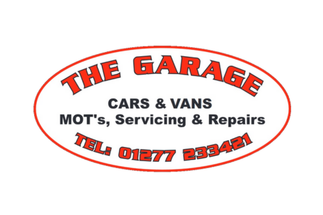 Logo for THE GARAGE with red text inside a red outline of an oval.  The phone number 01277 233421 is in red at the bottom, while 'CARS & VANS  MOT's, Servicing & Repairs' is in black text in the centre.