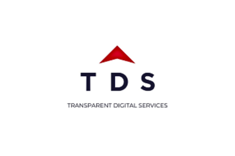 Logo for TDS in black with the words 'TRANSPARENT DIGITAL SERVICES' underneath and a red arrow above the 'D'.