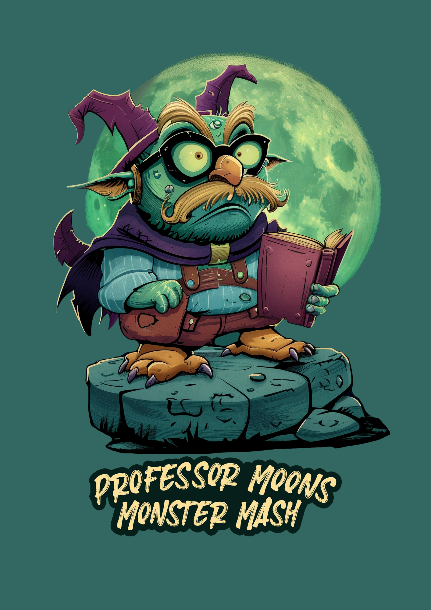 An illustration of Professor Moons, a quirky, goblin-like character standing on a stone platform with a full moon in the background. The professor has green skin, a large, bushy moustache, and is wearing round, black glasses and a pointed purple wizard hat. He is holding an open book, appearing to read or cast a spell. The character is dressed in a blue shirt, brown trousers with braces, and has sharp claws on his feet and hands. The text below reads "Professor Moons Monster Mash" in spooky lettering.