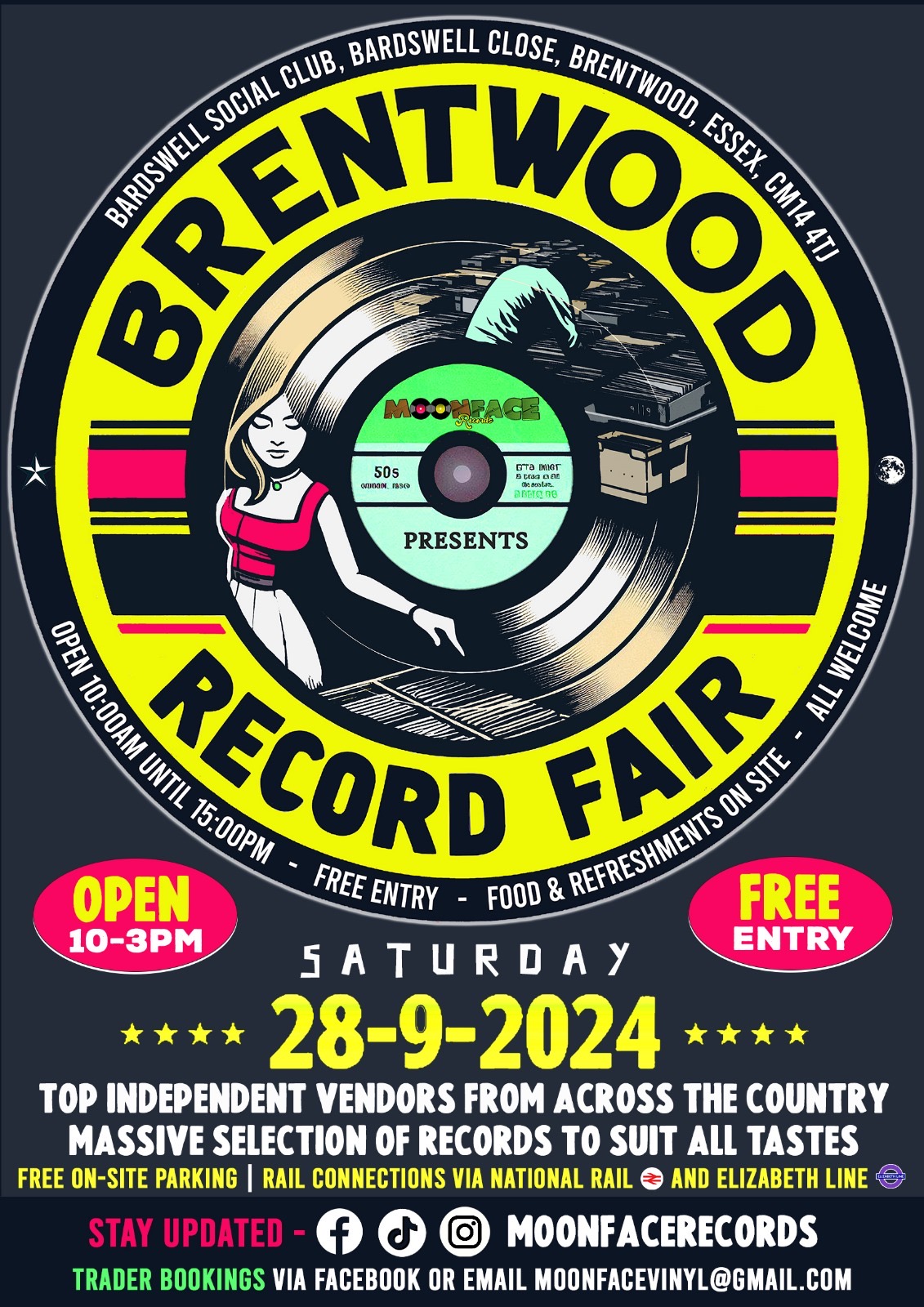 A poster for the Brentwood Record Fair, featuring a large circular design resembling a vinyl record. The event details are written in bold yellow and white text against a black background. The location is Bardswell Social Club, Bardswell Close, Brentwood, Essex, CM14 4TJ. The event is scheduled for Saturday, 28th September 2024, and will be open from 10:00 AM to 3:00 PM. Entry is free. The poster includes graphics of a woman in a red top standing next to a vinyl record. It mentions top independent vendors