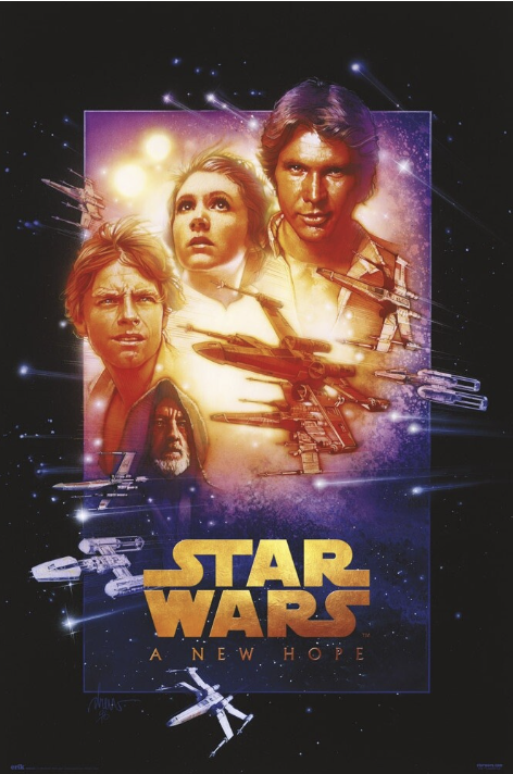 This is a poster for "Star Wars: A New Hope." The poster features prominent characters from the film, including Luke Skywalker (left), Princess Leia (center), and Han Solo (right) in the foreground, with intense, focused expressions. Obi-Wan Kenobi appears below them in the background, his face partially shadowed. Several starfighters, including X-Wings and TIE fighters, are depicted flying through space, giving a sense of movement and action. The backdrop is a starry space scene, with light glowing behind.