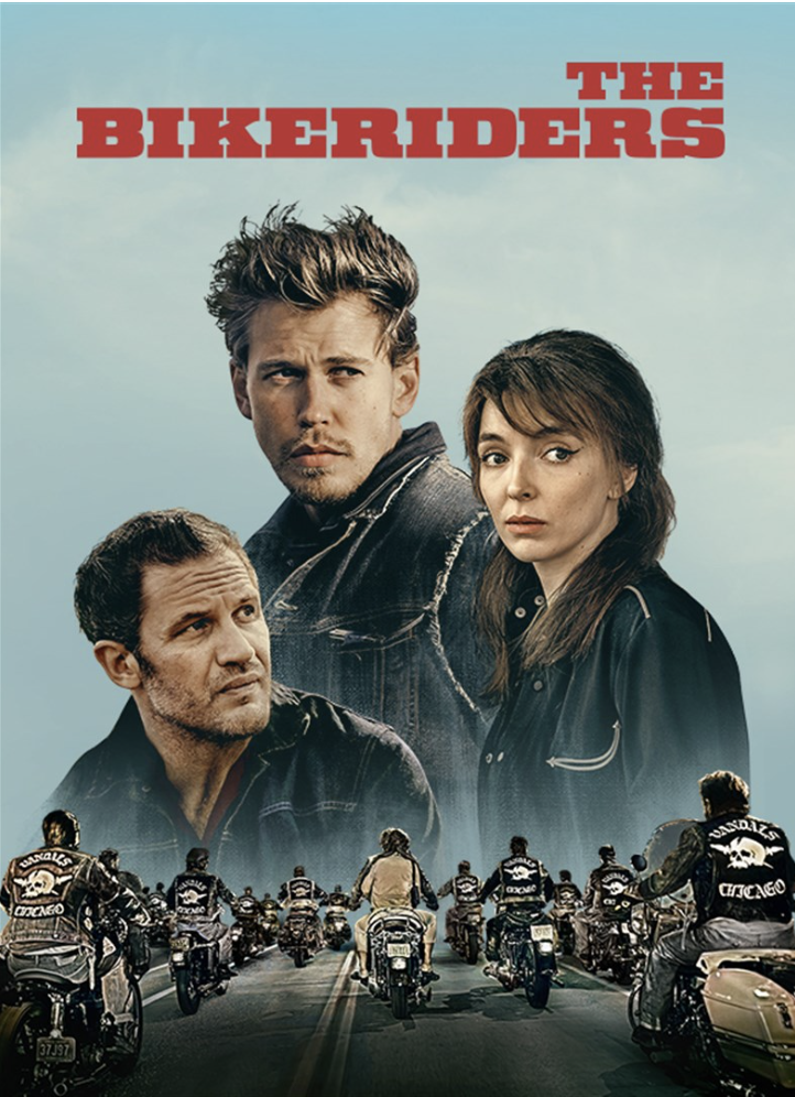 This is a poster for the movie The Bikeriders. At the top, the title is displayed in bold red letters: "The Bikeriders." Below, three main characters are prominently featured. In the center, a man with tousled hair looks off into the distance with a serious expression. To his left, another man, wearing a leather jacket, also looks off thoughtfully. To the right, a woman with dark hair and an intense gaze faces forward. In the lower part of the poster, a group of bikers ride along a road toward the viewer