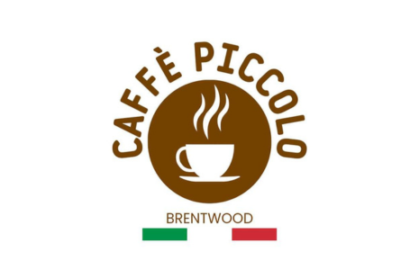 Logo for CAFFE PICCOLO Brentwood in brown text with a white background including an icon of a hot cup of coffee and an underline in green, white and red, symbolising the Italian flag. 