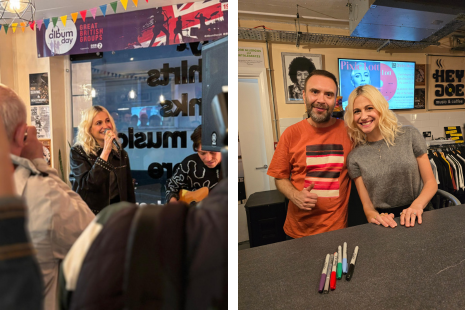 A collage of two images - one showing Pixie Lott holding a microphone and performing at Hey Joe Music & Coffee in Brentwood.  The second image shows Marc Sardinha, owner of Hey Joe, with Pixie.