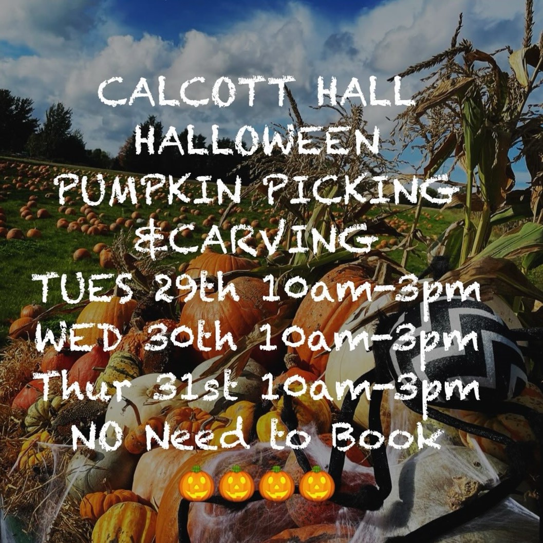 CALCOTT HALL HALLOWEEN PUMPKIN PICKING & CARVING - Tuesday 29th 10am - 3pm, Wednesday 30th 10am - 3pm, Thursday 31st 10am - 3pm.  NO Need to Book.  Image of three pumpkin emojis.  Details are on a background of pumpkins in a field