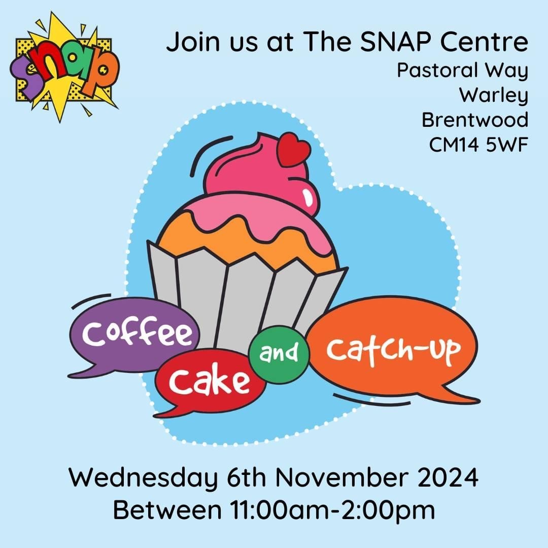 image promoting SNAP Charity's Coffee, Cake and Catch-up event on Wednesday 6 November 2024 between 11am and 2pm.  The event takes place at the SNAP Centre - Pastoral Way, Warley, Brentwood CM14 5WF.  The image shows a cupcake with a heart on top.