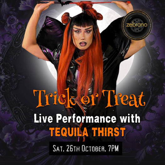 Image promoting Trick or Treat live performance with TEQUILA THIRST at Zebrano in Brentwood.  Saturday 26th October, 7pm.  Image shows a performer with long red hair and black eye make up and a black outfit.