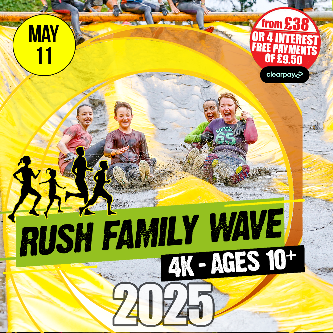 Graphic promoting Nuclear Rush Weekend Family Wave 2025, taking place on May 11th.  Costs from £38. Image shows two women, a boy and girl on a water slide.