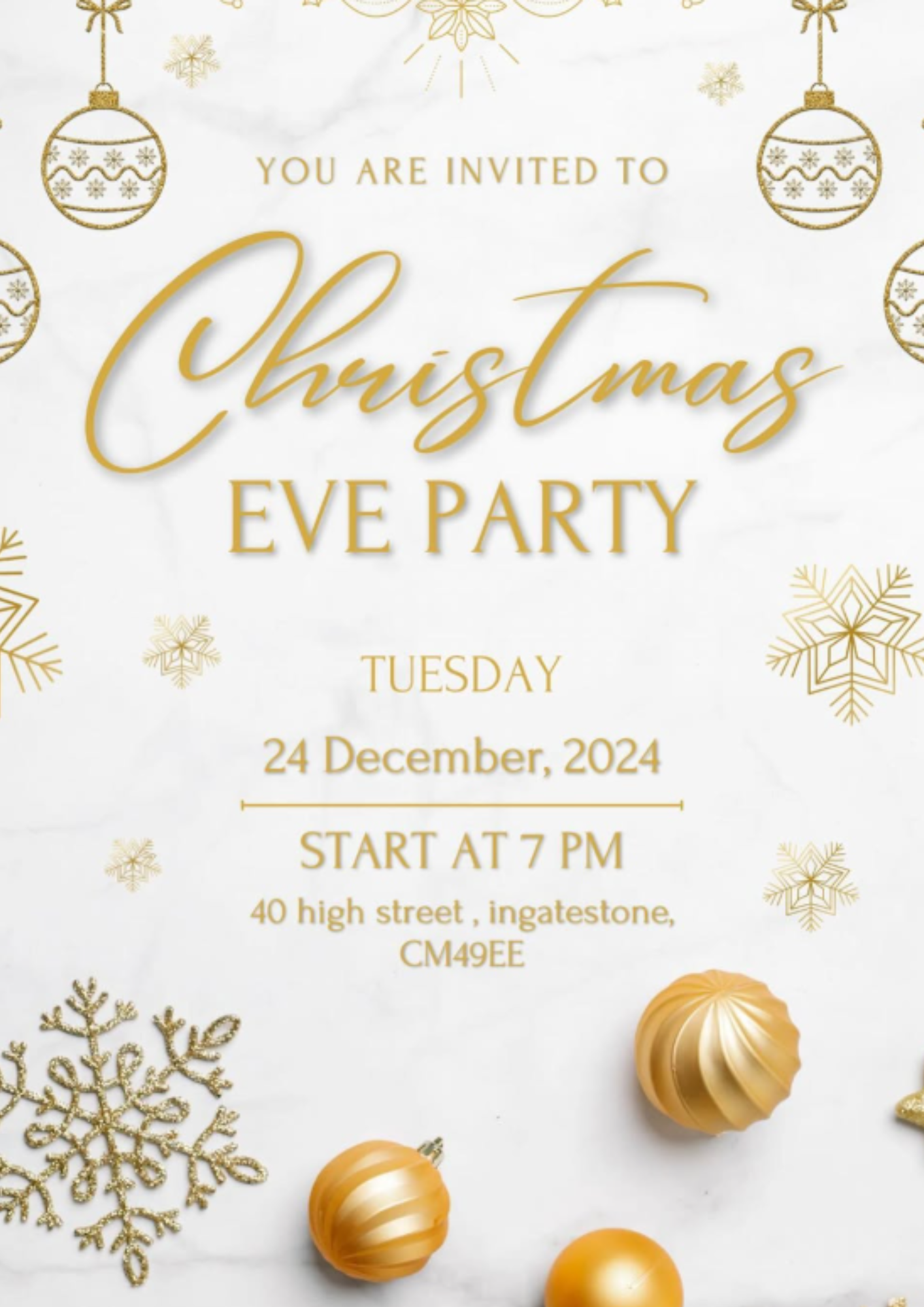 Cream and gold Christmas decoration image promoting The Lounge Wine Bar's Christmas Eve party from 7pm on 24 December 2024.  Tickets are £10