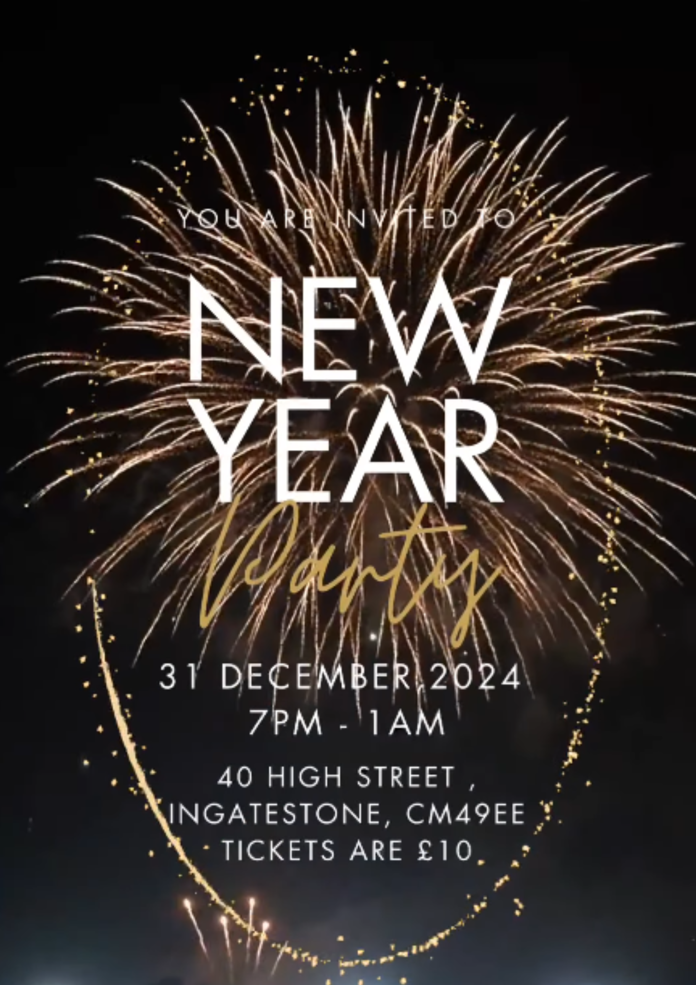 Fireworks image promoting The Lounge Wine Bar's New Year's Eve party from 7pm to 1am on 31 December 2024.  Tickets are £10