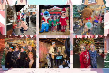 A collage of six images from Ingatestone Christmas Market day showing families taking part in the Christmas Toy Trail, a Christmas Stitch character with an Elf character and three young children dressed as elves, a Gingerbread Man Jellycat toy in the window of Ravens Bakery, children taking part in the Christmas Toy Trail in The Lounge, Mendo Music at The Country Cafe, and two young girls with their faces painted at Patrick Green.