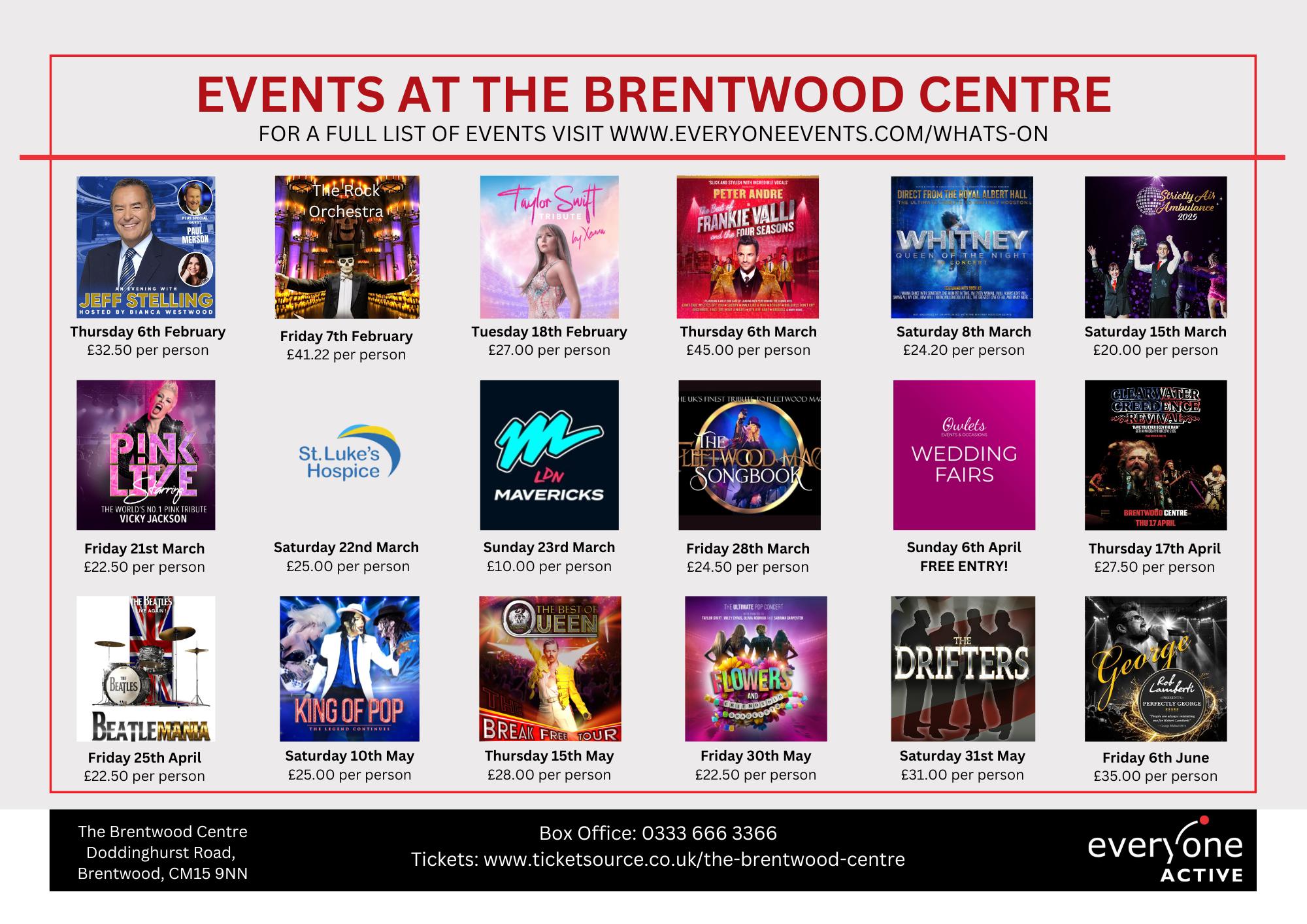 Image listing the Events at the Brentwood Centre from February 2025 to June 2025.