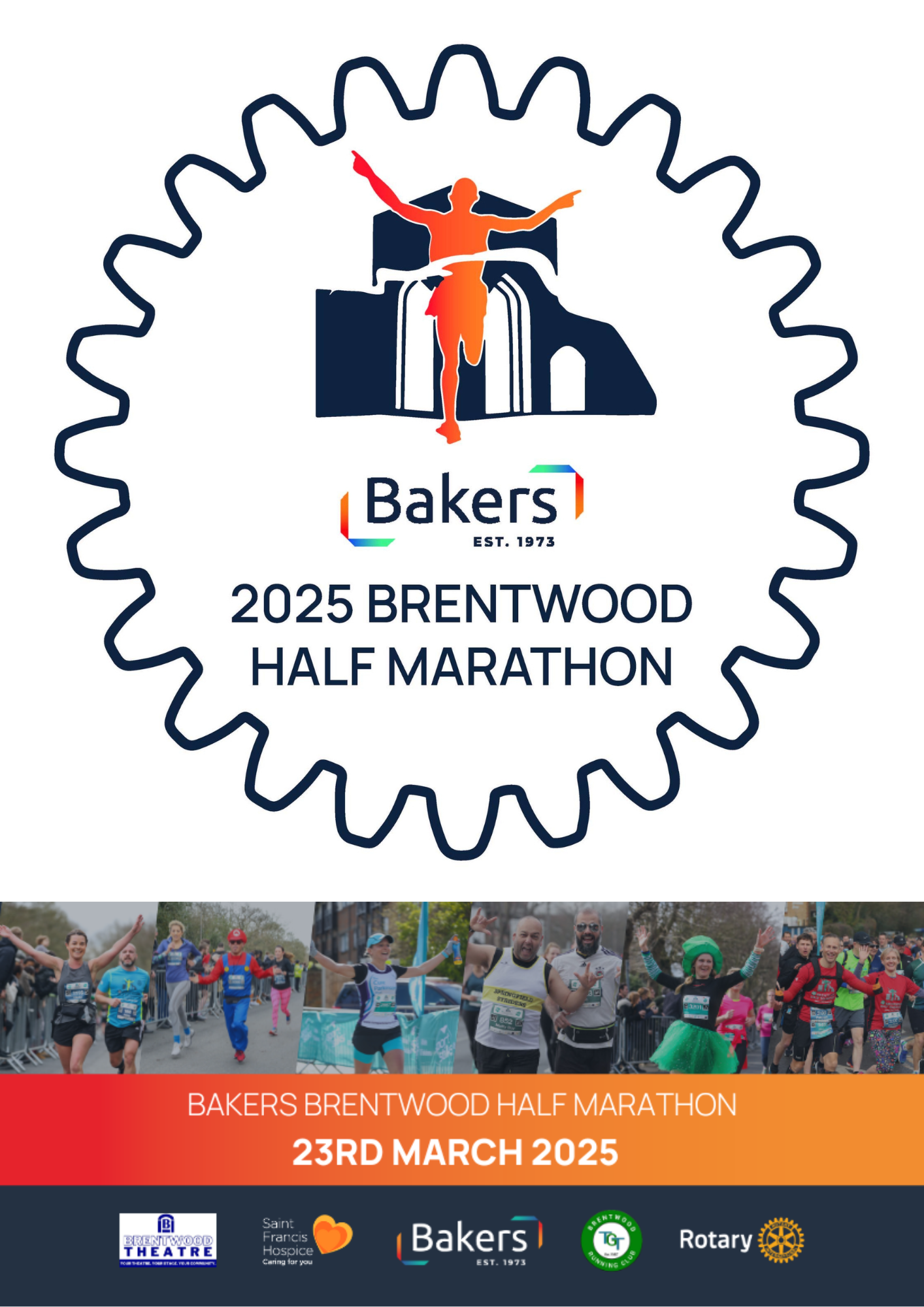 Image promoting the Bakers Brentwood Half Marathon 2025, taking place on Sunday 23 March and including the logos for Brentwood Theatre, Baker Labels, Saint Francis Hospice, Brentwood Running Club and Rotary Club International.