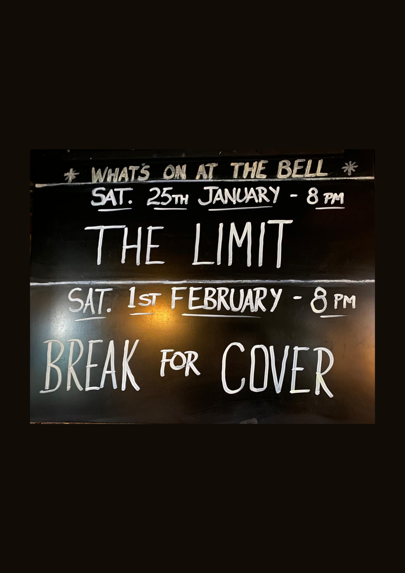 Image promoting two live music events at The Bell in Ingatestone, featuring performances from The Limit and Break For Cover.