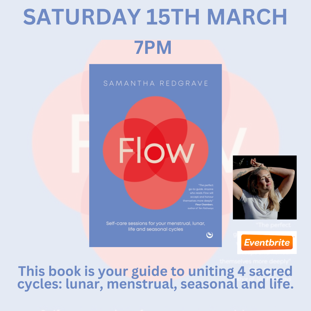 Flow book cover with an orange flower design next to a photograph of a woman smiling.   SATURDAY 15TH MARCH 7PM. 