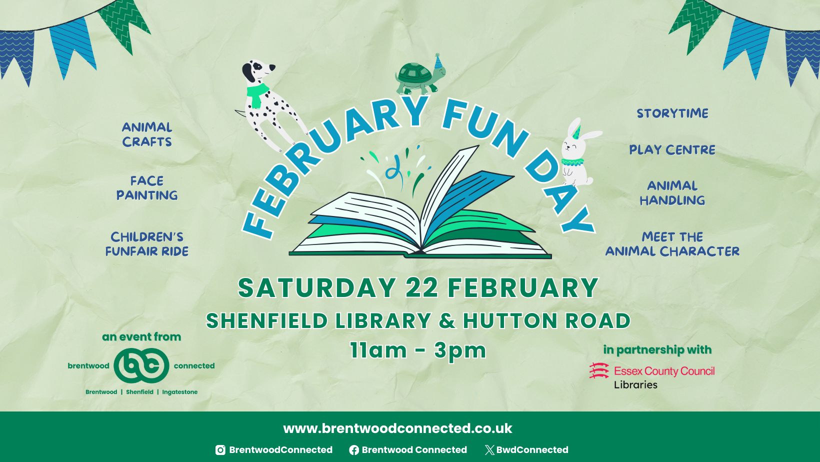 Image promoting the Brentwood Connected February Fun Day on Saturday 22 February in Brentwood from 11am, in partnership with Essex Libraries