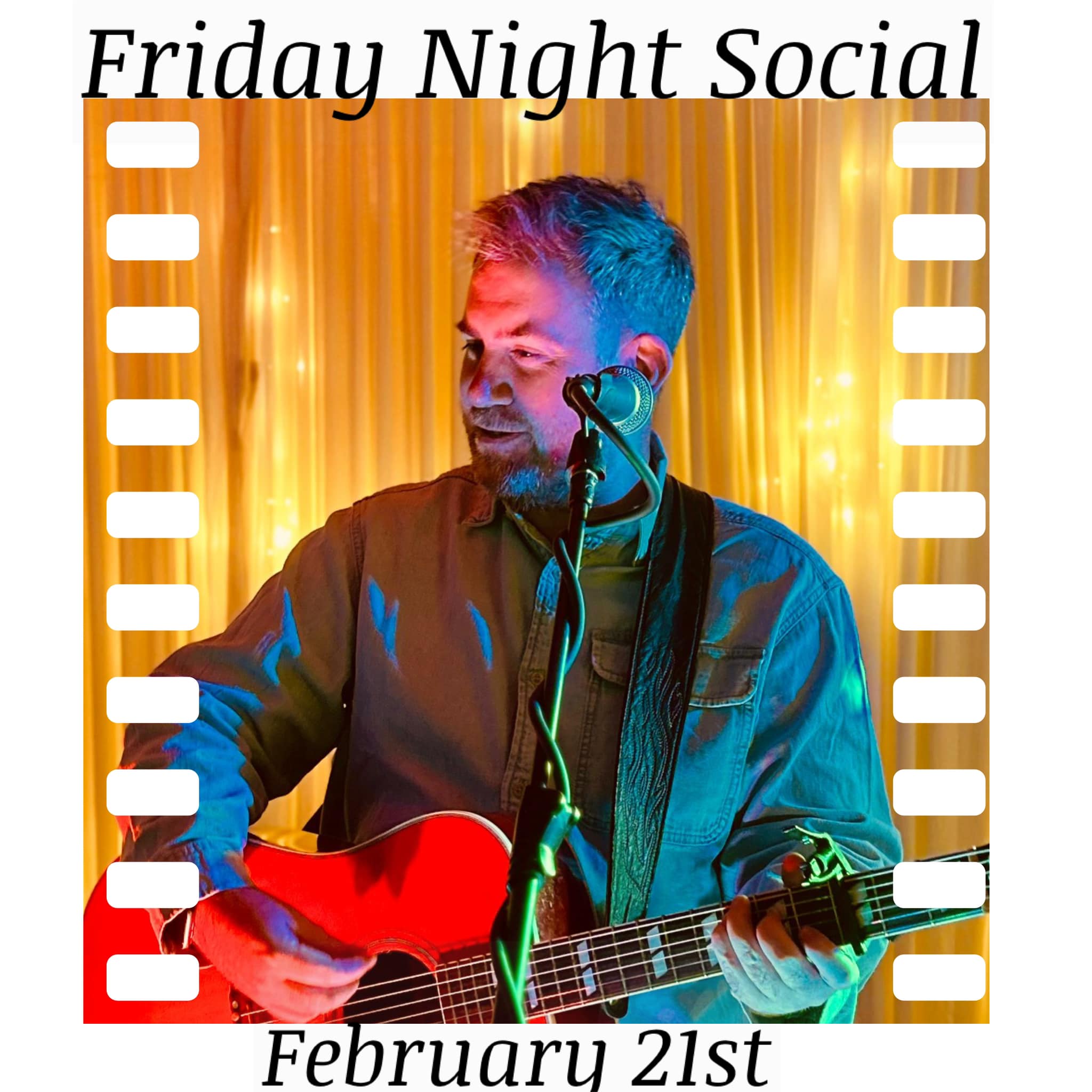 Image promoting Friday Night Social on February 21st at The Star Ingatestone.  Shows image of singer Jamie McGuire playing the guitar.