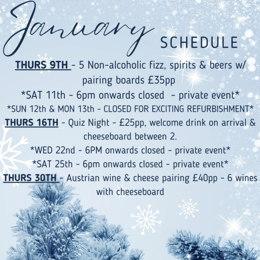 Liquorice event schedule for January 2025 including tastings and events on 9, 16 & 30 January.