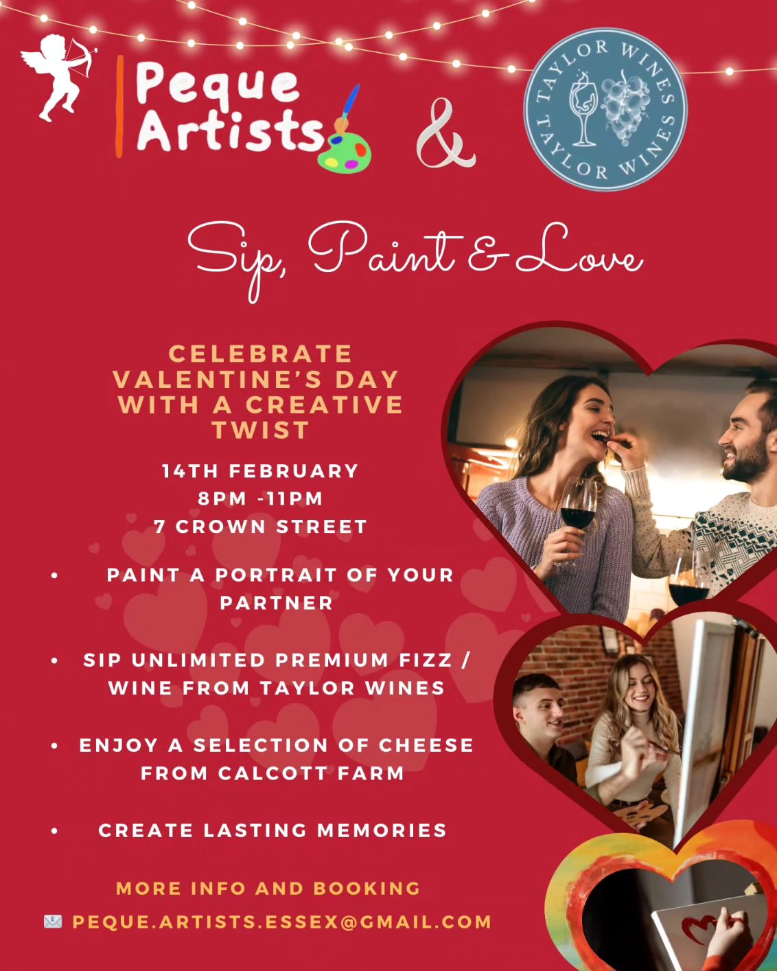 Poster promoting Sip, Paint & Love to celebrate Valentine's Day with Peque Artists and Taylor Wines, taking place on 14 February 2025 from 8pm.