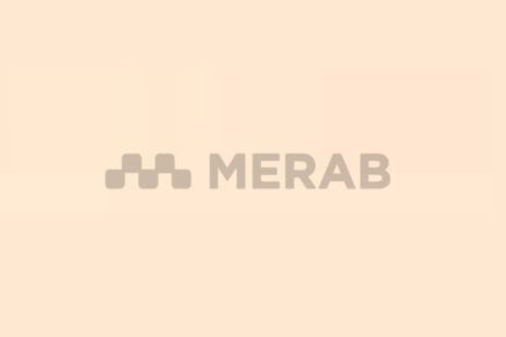 Logo for MERAB.  Light brown text on a peach background.