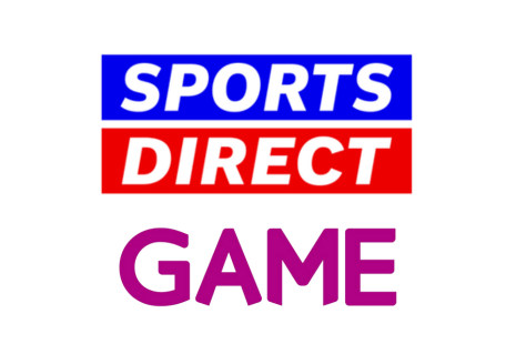 Logos for Sports Direct (white text on blue and red background) and Game (purple text).