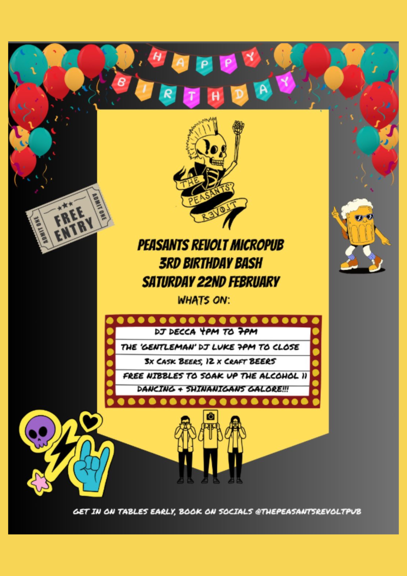 Image promoting the third birthday party at The Peasants' Revolt on Saturday 22 February from 4pm until close.