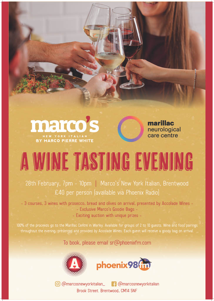 Image promoting a Wine Tasting evening at Marcos New York Italian in aid of the Marillac Neurological Care Centre on 28 February from 7-10pm