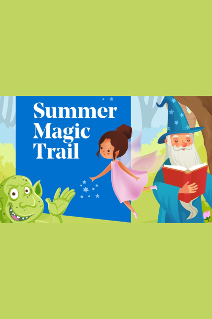 Summer Magic Trail.  Image of a fairy, ogre, and a wizard reading a book. Landscape image on a green background.