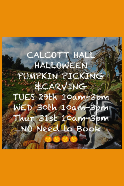 CALCOTT HALL HALLOWEEN PUMPKIN PICKING & CARVING - Tuesday 29th 10am - 3pm, Wednesday 30th 10am - 3pm, Thursday 31st 10am - 3pm.  NO Need to Book.  Image of three pumpkin emojis.  Details are on a background of pumpkins in a field