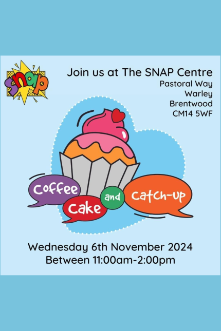 image promoting SNAP Charity's Coffee, Cake and Catch-up event on Wednesday 6 November 2024 between 11am and 2pm.  The event takes place at the SNAP Centre - Pastoral Way, Warley, Brentwood CM14 5WF.  The image shows a cupcake with a heart on top.