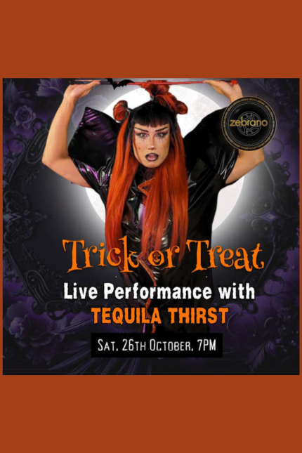 Image promoting Trick or Treat live performance with TEQUILA THIRST at Zebrano in Brentwood.  Saturday 26th October, 7pm.  Image shows a performer with long red hair and black eye make up and a black outfit.