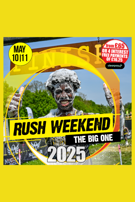 Graphic promoting Nuclear Rush Weekend The Big One 2025, taking place on May 10th & 11th.  Costs from £65. Image shows a young man covered in foam smiling, giving a 'thumbs up' gesture with both hands.