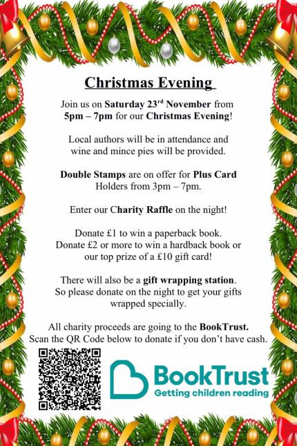 Festive text with holly border promoting a Christmas evening from Waterstones Brentwood in aid of BookTrust.  The event takes place on Saturday 23 November from 5-7pm.