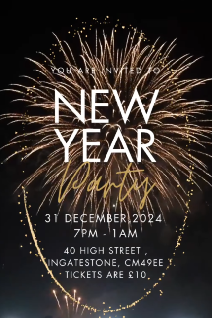 Fireworks image promoting The Lounge Wine Bar's New Year's Eve party from 7pm to 1am on 31 December 2024.  Tickets are £10