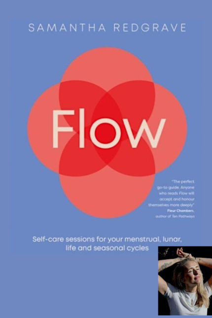 Flow book cover with an orange flower design next to a photograph of a woman smiling.