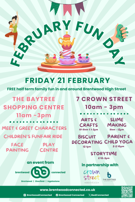 Image promoting the Brentwood Connected February Fun Day on Friday 21 February in Brentwood from 11am, in partnership with Essex Libraries