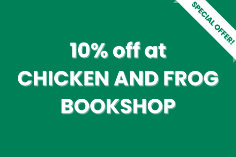 White text on green background with a white 'SPECIAL OFFER!' banner with green text on the right corner of the image.  Text in the centre reads '10% off at CHICKEN AND FROG BOOKSHOP'.