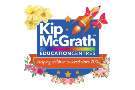 Logo for Kip McGrath Education Centres, white text on a blue background. White text on a red ribbon banner reads 'Helping children succeed since 2005'.  Flowers, butterflies and a pencil shaped like a rocket appear on the logo.