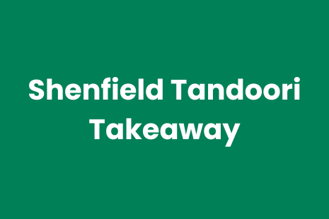 White text on green background reads 'Shenfield Tandoori Takeaway'