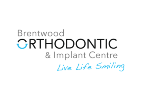 Logo for Brentwood Orthodontic & Implant Centre in grey, black and light blue. The words 'Live Life Smiling' are written underneath