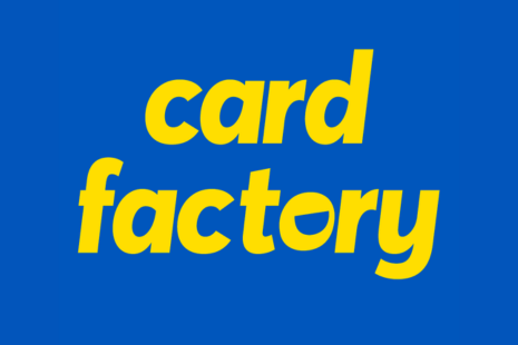 Logo for Card Factory - yellow text on a bright blue background.